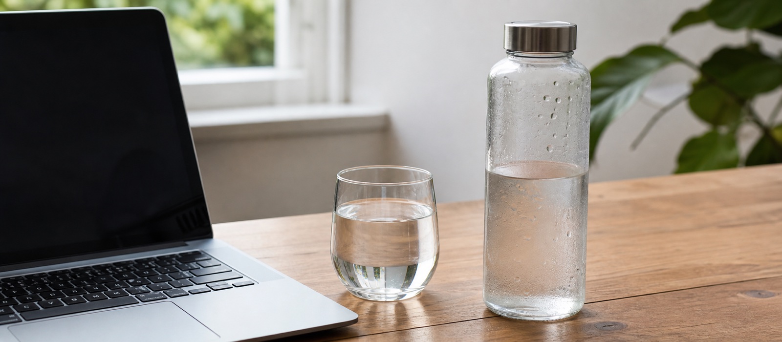 Water bottle and glass next to a laptop keyboard at a desk